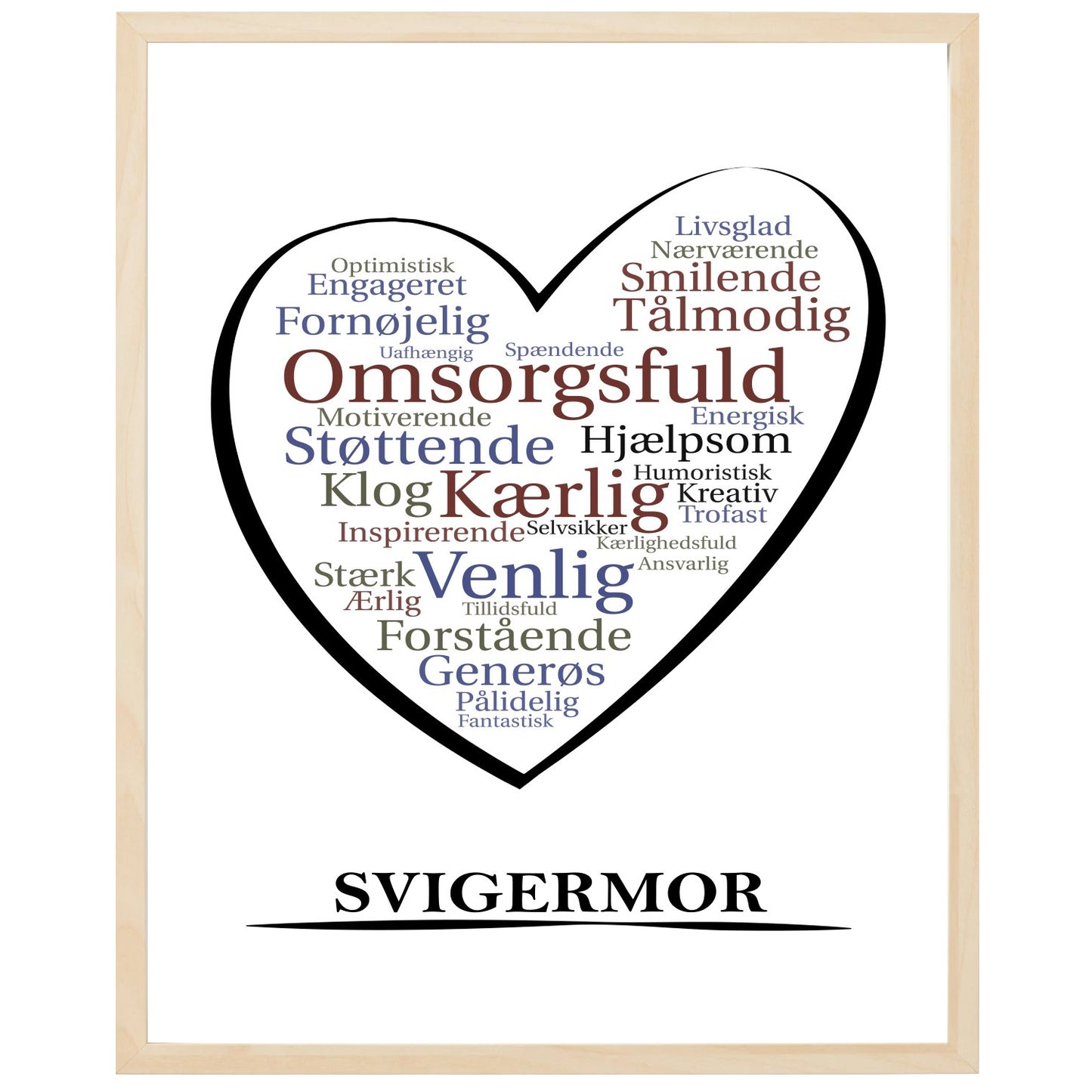 En plakat med overskriften Svigermor, et hjerte og indeni hjertet mange positive ord som beskriver en Svigermor