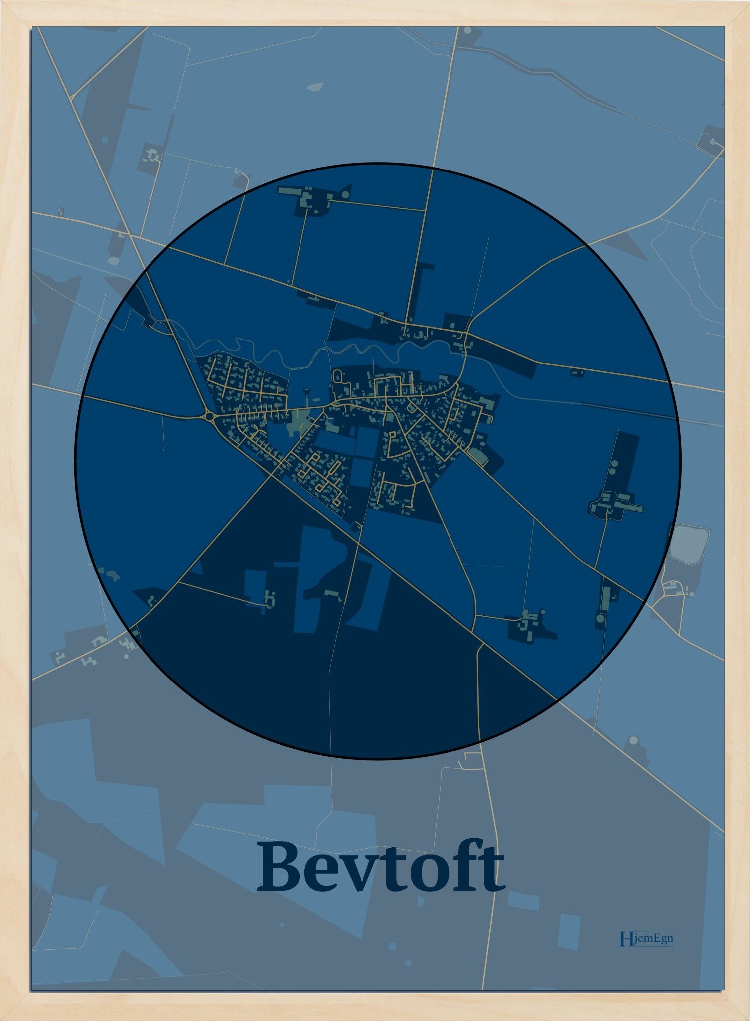 Bevtoft plakat i farve mørk blå og HjemEgn.dk design centrum. Design bykort for Bevtoft
