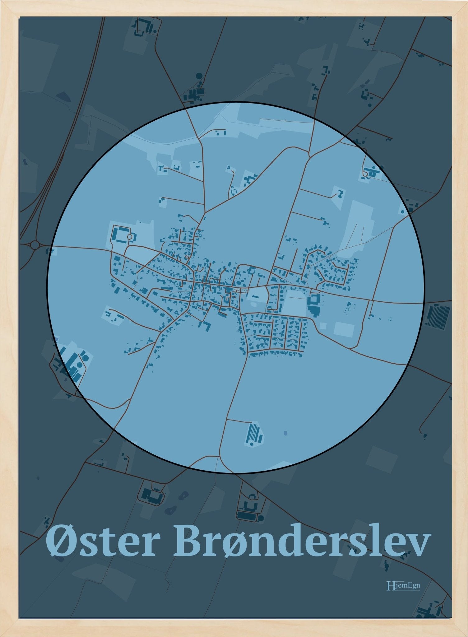 Øster Brønderslev plakat i farve pastel blå og HjemEgn.dk design centrum. Design bykort for Øster Brønderslev