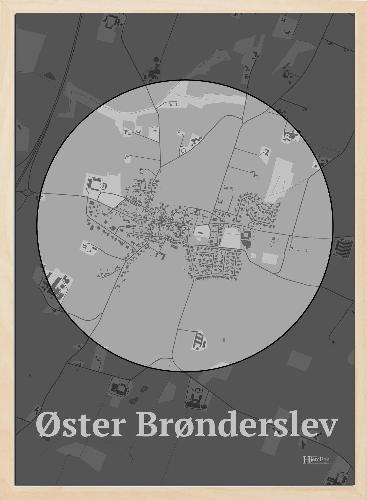 Øster Brønderslev plakat i farve pastel grå og HjemEgn.dk design centrum. Design bykort for Øster Brønderslev