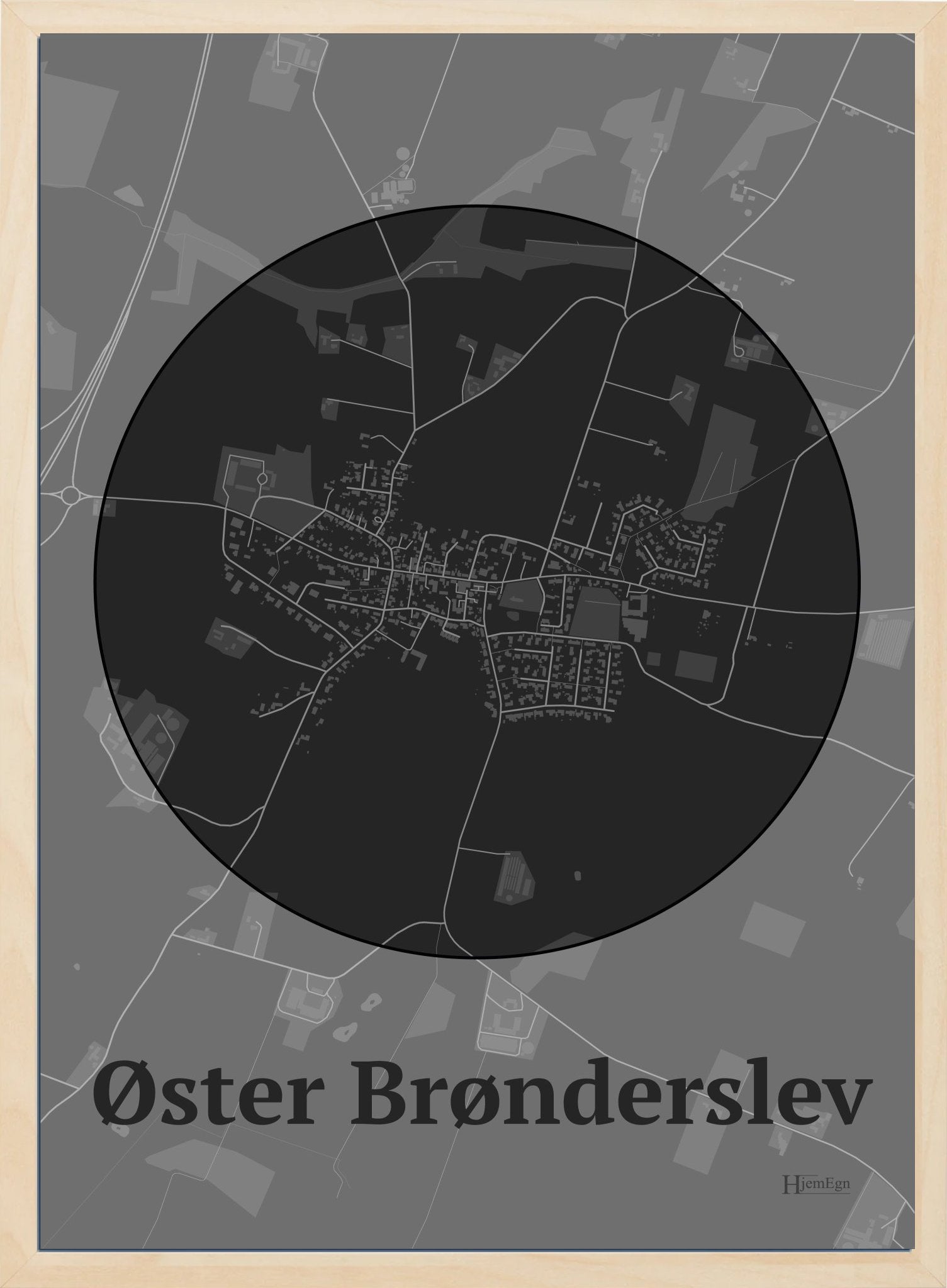 Øster Brønderslev plakat i farve mørk grå og HjemEgn.dk design centrum. Design bykort for Øster Brønderslev