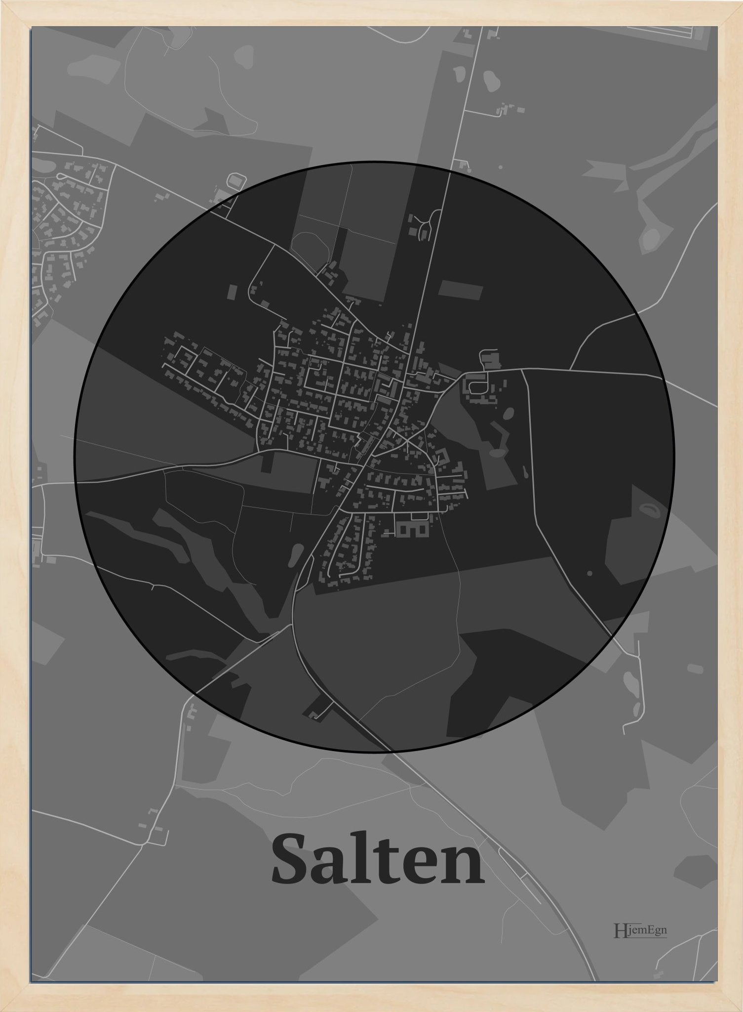 Salten plakat i farve mørk grå og HjemEgn.dk design centrum. Design bykort for Salten