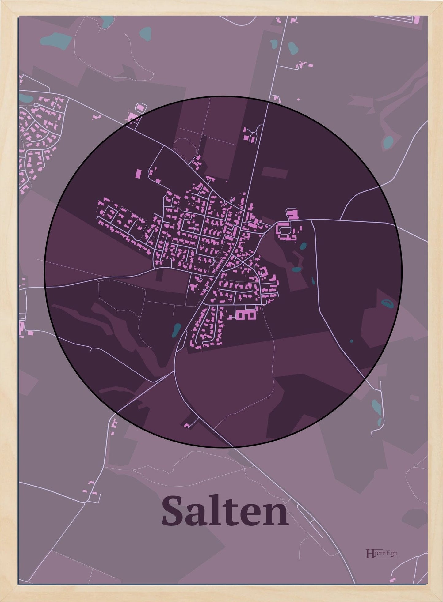 Salten plakat i farve mørk rød og HjemEgn.dk design centrum. Design bykort for Salten