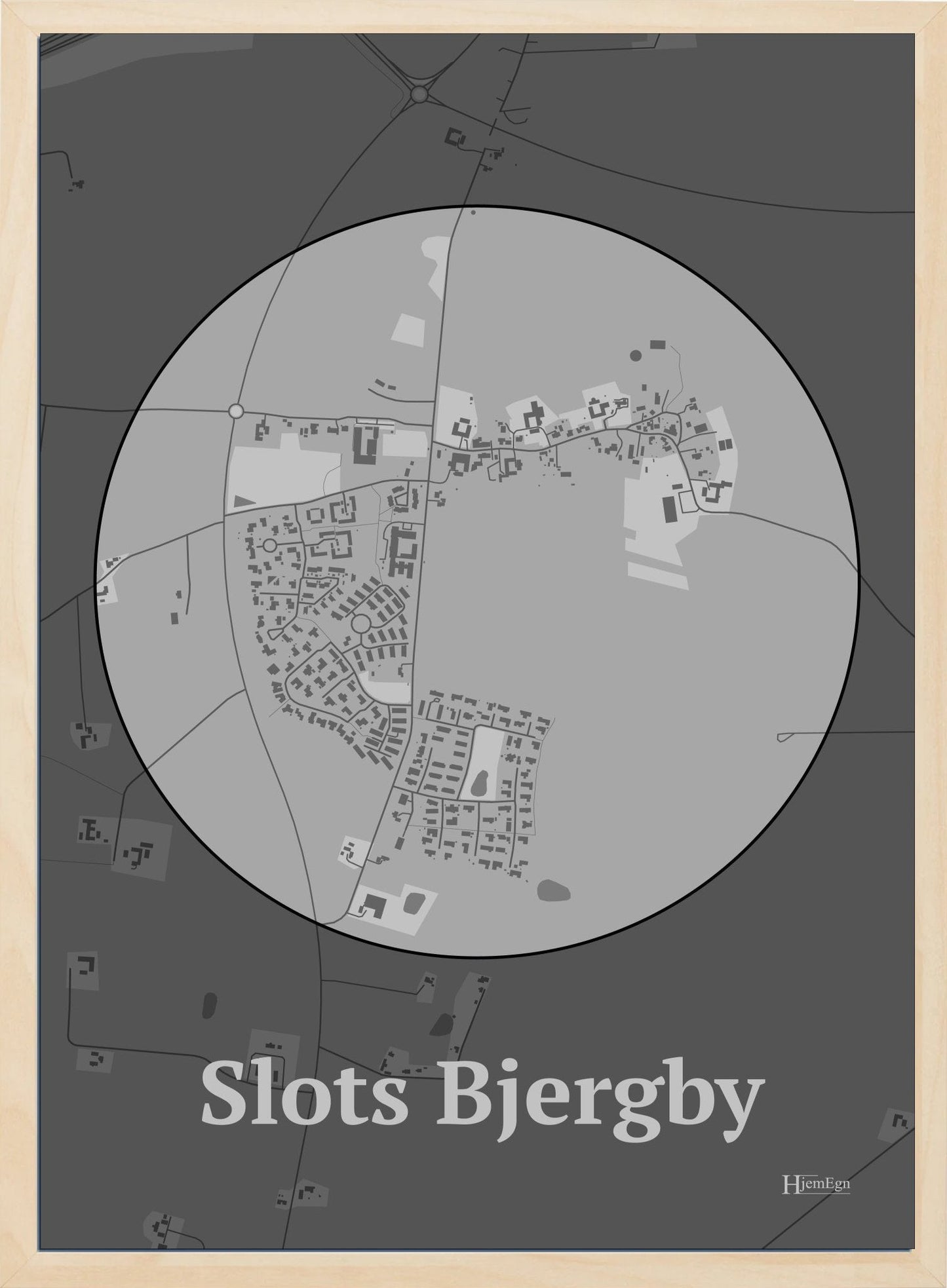 Slots Bjergby plakat i farve pastel grå og HjemEgn.dk design centrum. Design bykort for Slots Bjergby