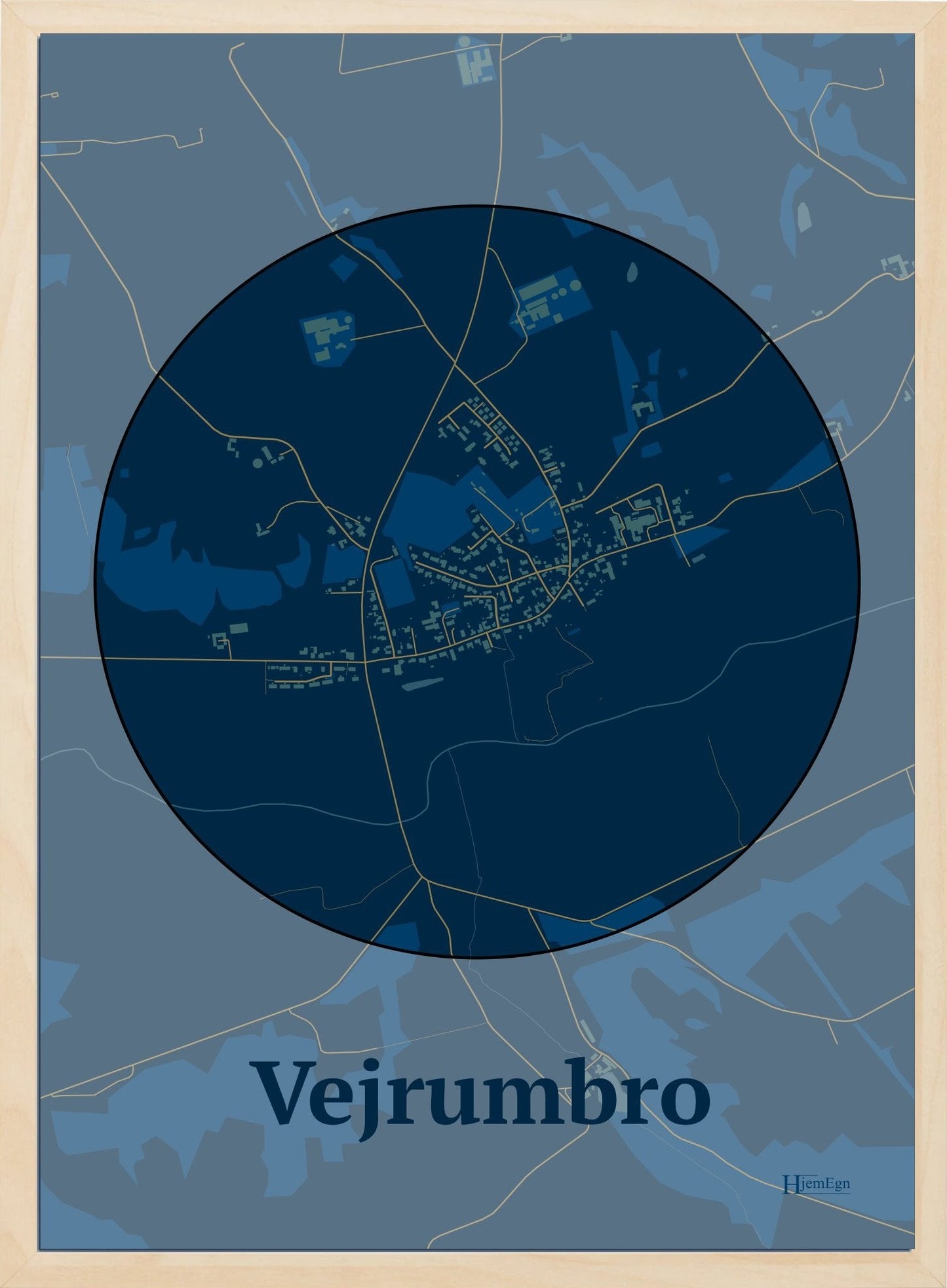 Vejrumbro plakat i farve mørk blå og HjemEgn.dk design centrum. Design bykort for Vejrumbro