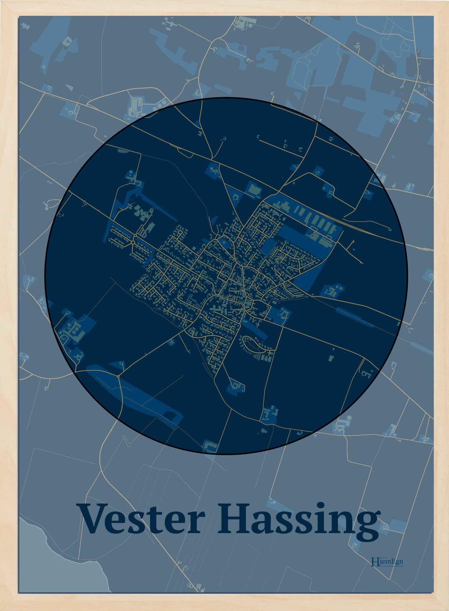 Vester Hassing plakat i farve mørk blå og HjemEgn.dk design centrum. Design bykort for Vester Hassing