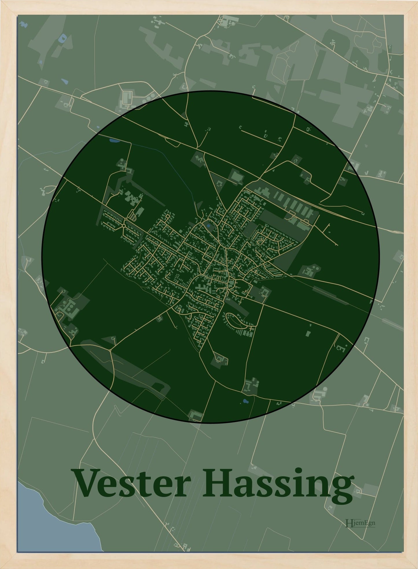 Vester Hassing plakat i farve mørk grøn og HjemEgn.dk design centrum. Design bykort for Vester Hassing