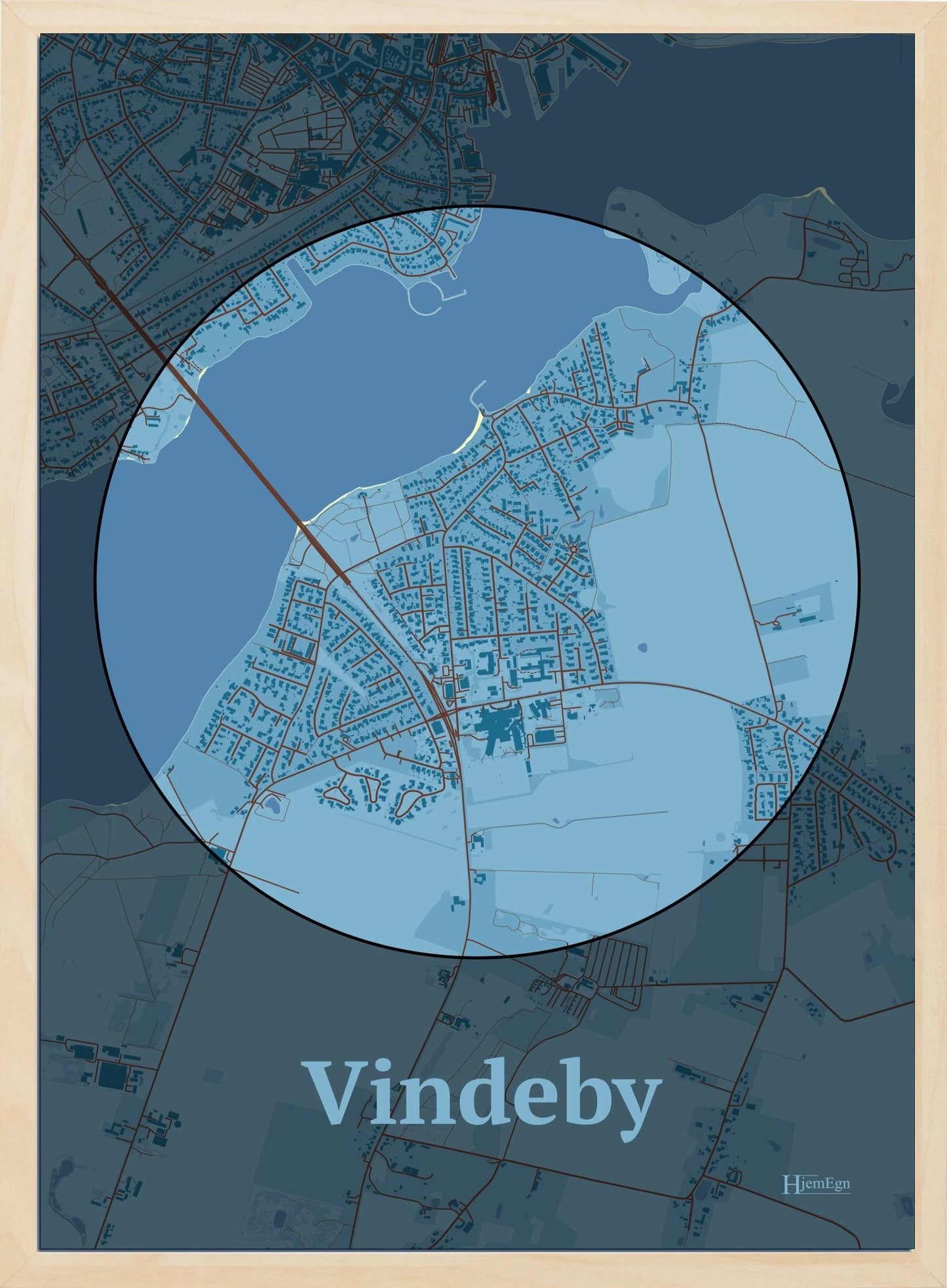 Vindeby plakat i farve pastel blå og HjemEgn.dk design centrum. Design bykort for Vindeby