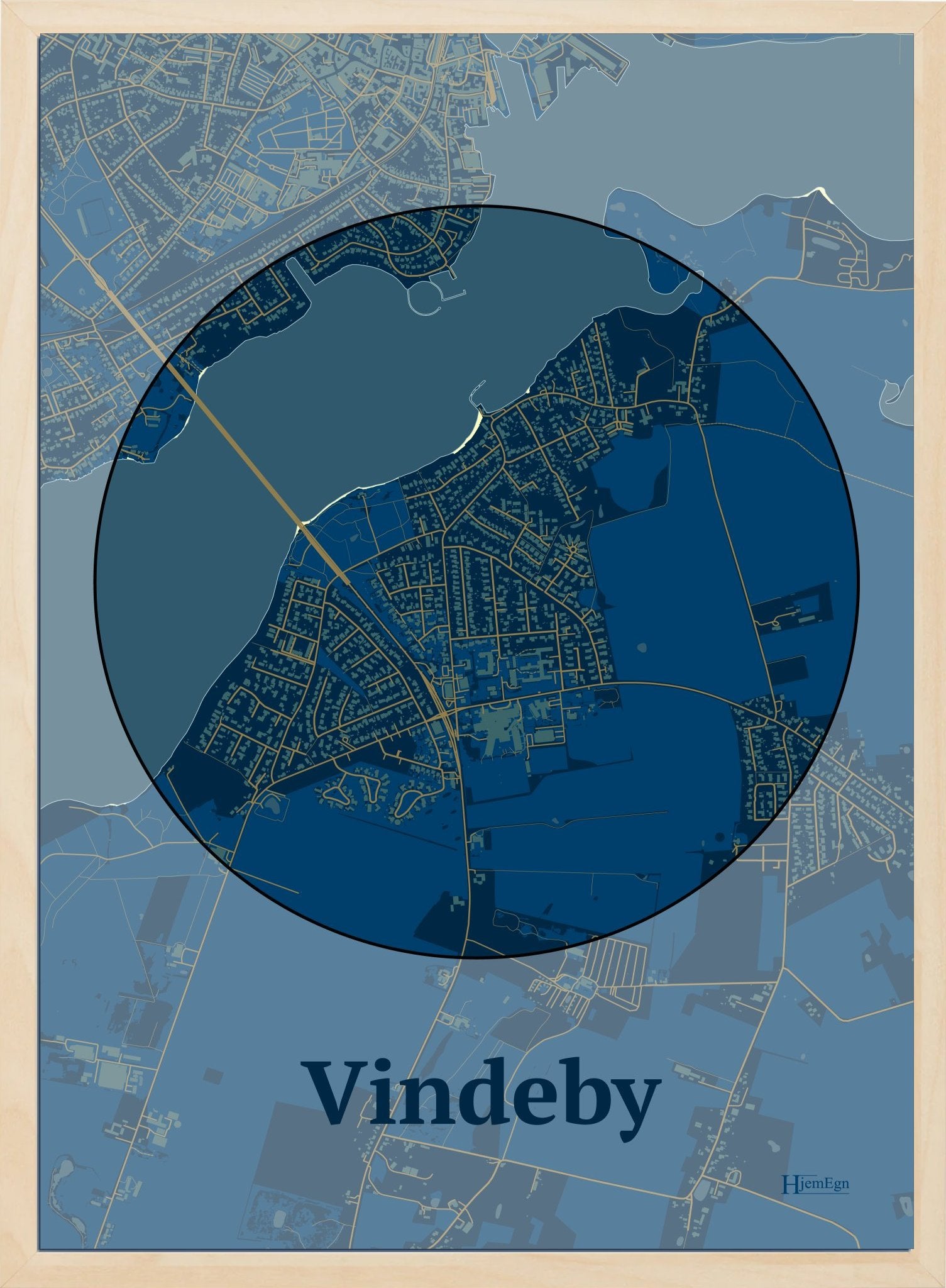 Vindeby plakat i farve mørk blå og HjemEgn.dk design centrum. Design bykort for Vindeby